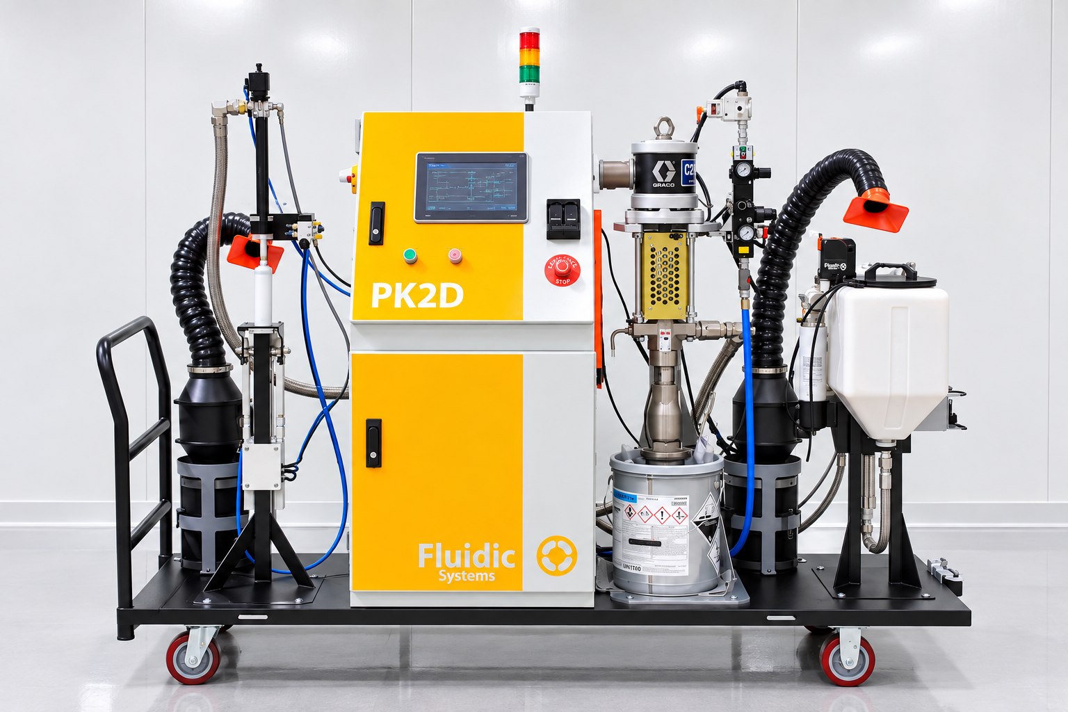 PK2D on a mobile cart with a drum supply pump, solvent tank and two extraction hoses