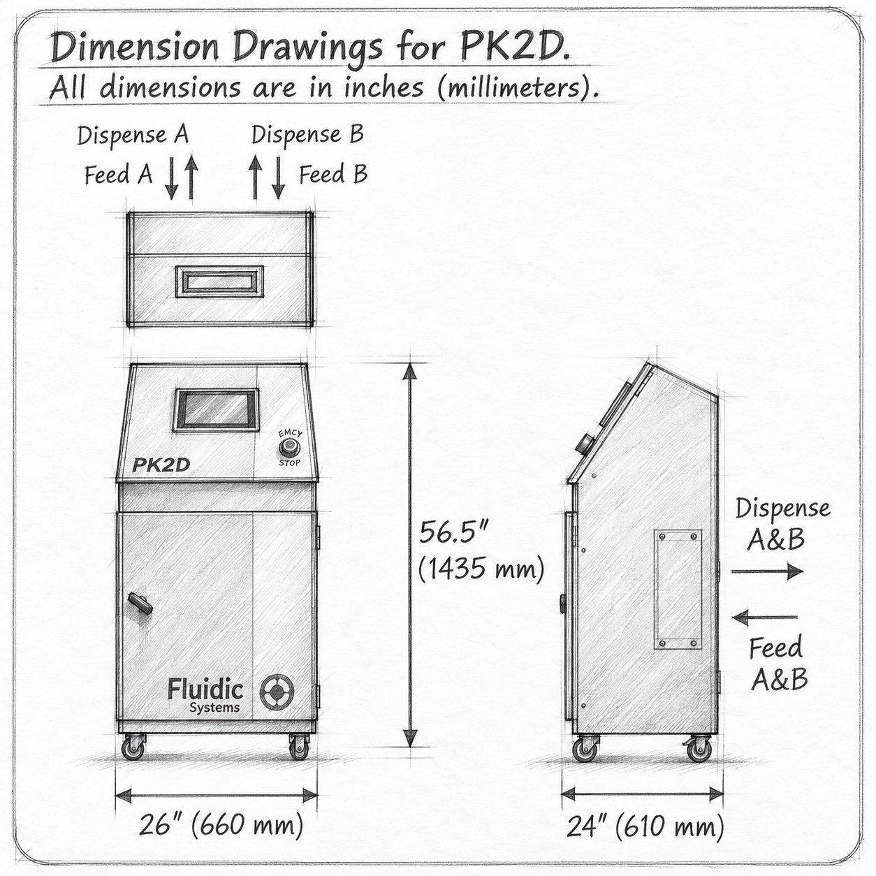 PK2D dimension drawing, top, front and side views: 56.5 in (1435 mm) tall, 26 in (660 mm) wide, 24 in (610 mm) deep